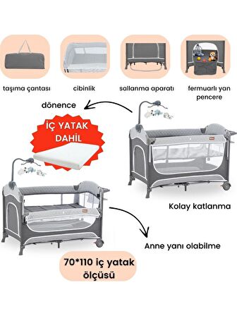 Gulz Atlas Plus Anne Yanı Sallanır Cibinlikli Dönenceli Oyun Parkı Bebek Beşik 70X110 Cm + Pamuk Yataklı Dark Grey